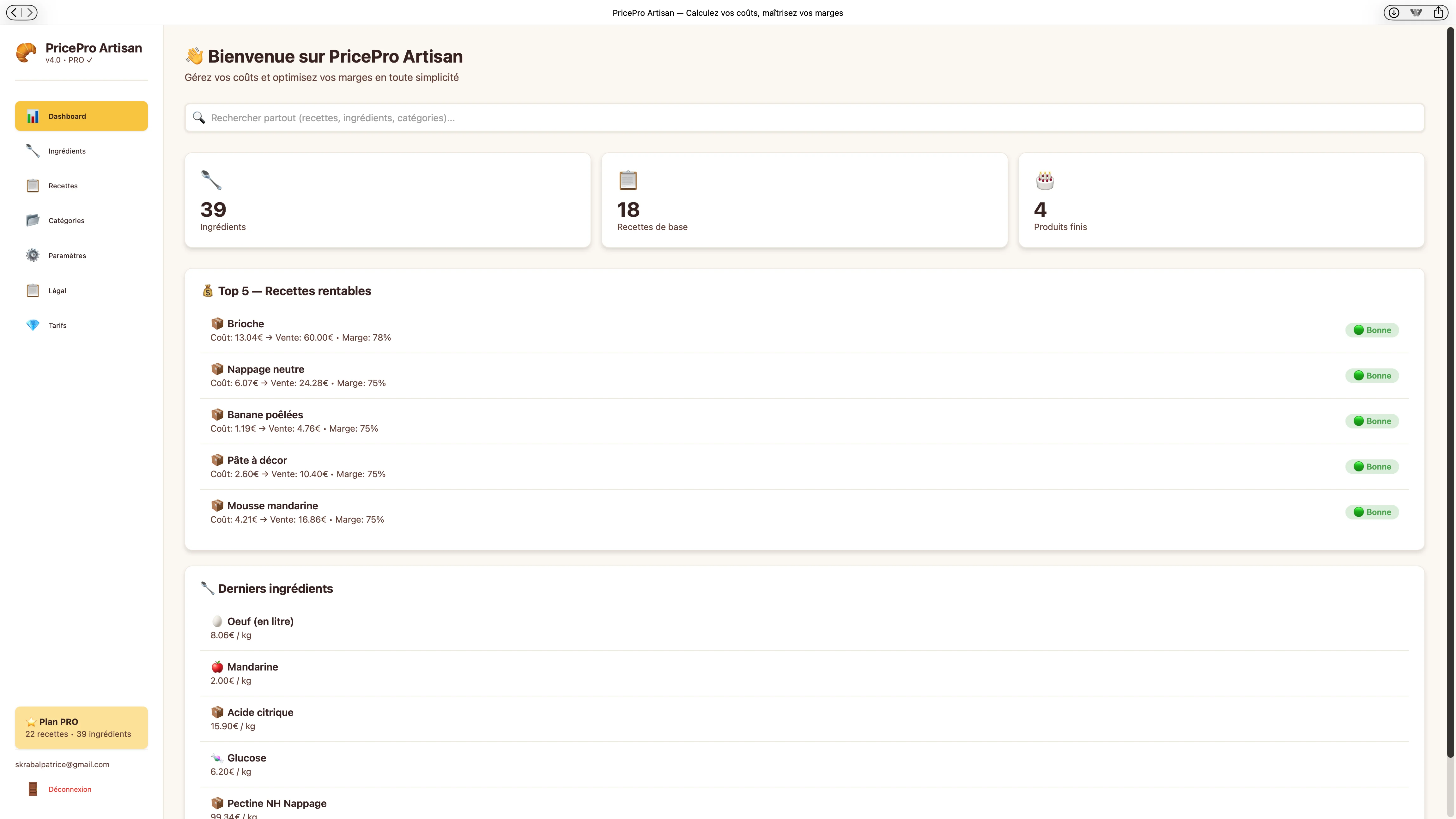 Tableau de bord de PricePro Artisan, application de calcul de coûts pour pâtissiers