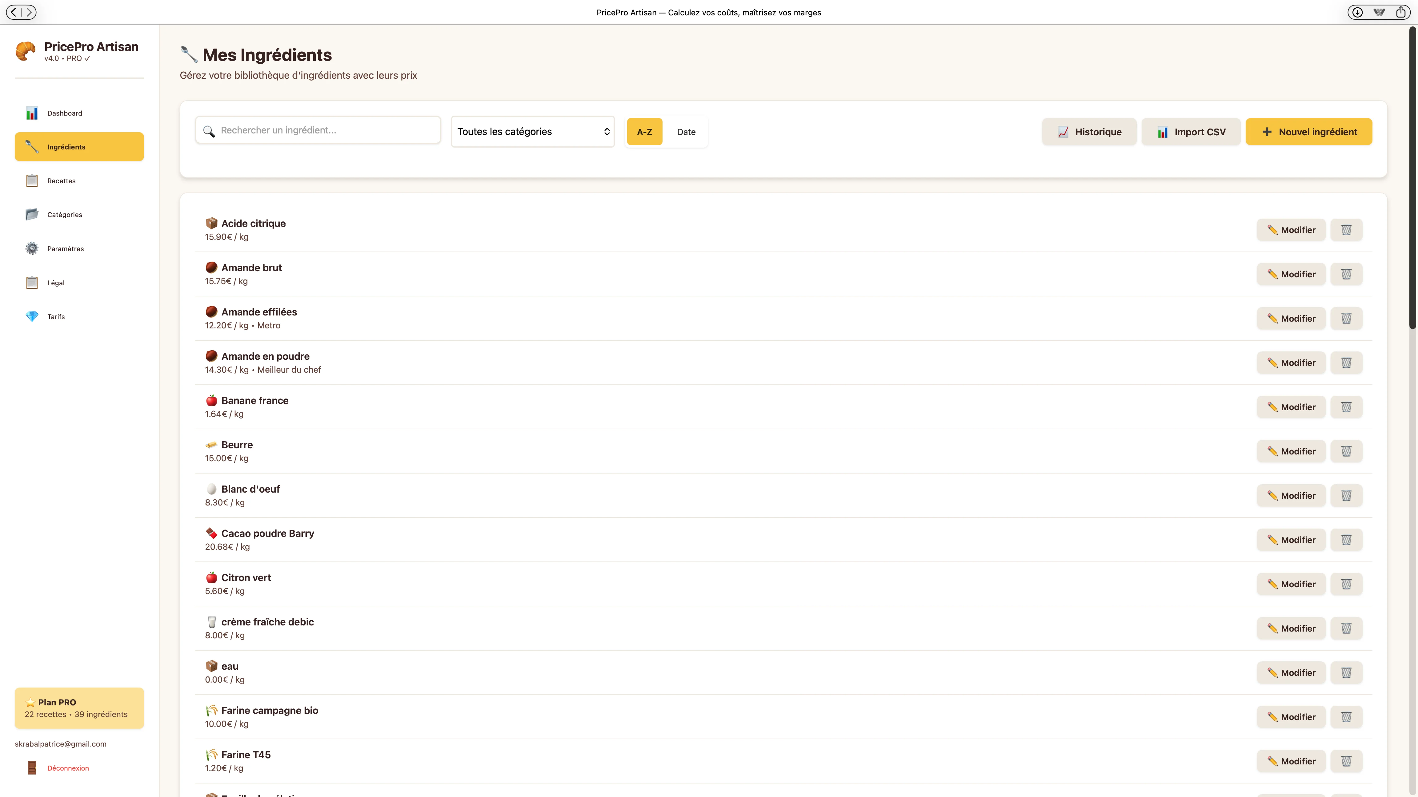 Bibliothèque d'ingrédients de l'application PricePro Artisan