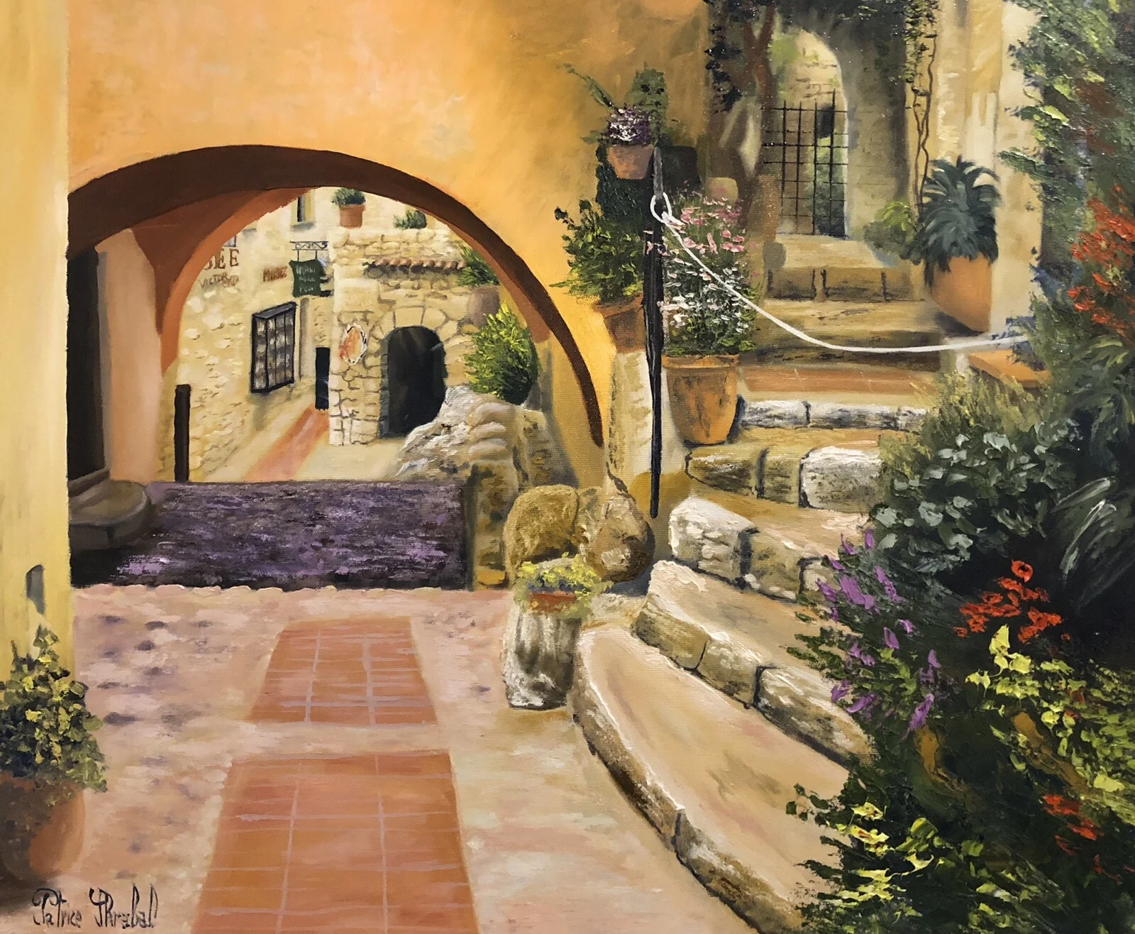 Peinture d'une ruelle pittoresque du village d'Èze en Provence, par Patrice Skrabal