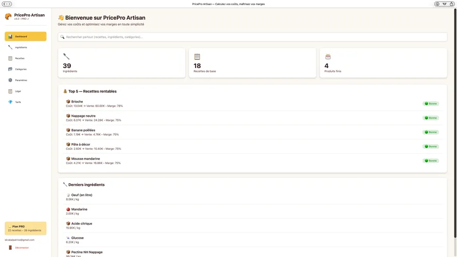 Tableau de bord de PricePro Artisan, application de calcul de coûts pour pâtissiers