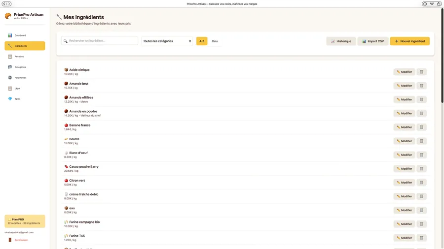 Bibliothèque d'ingrédients de l'application PricePro Artisan