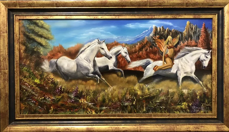 Peinture d'une course de chevaux, scène de mouvement, par Patrice Skrabal