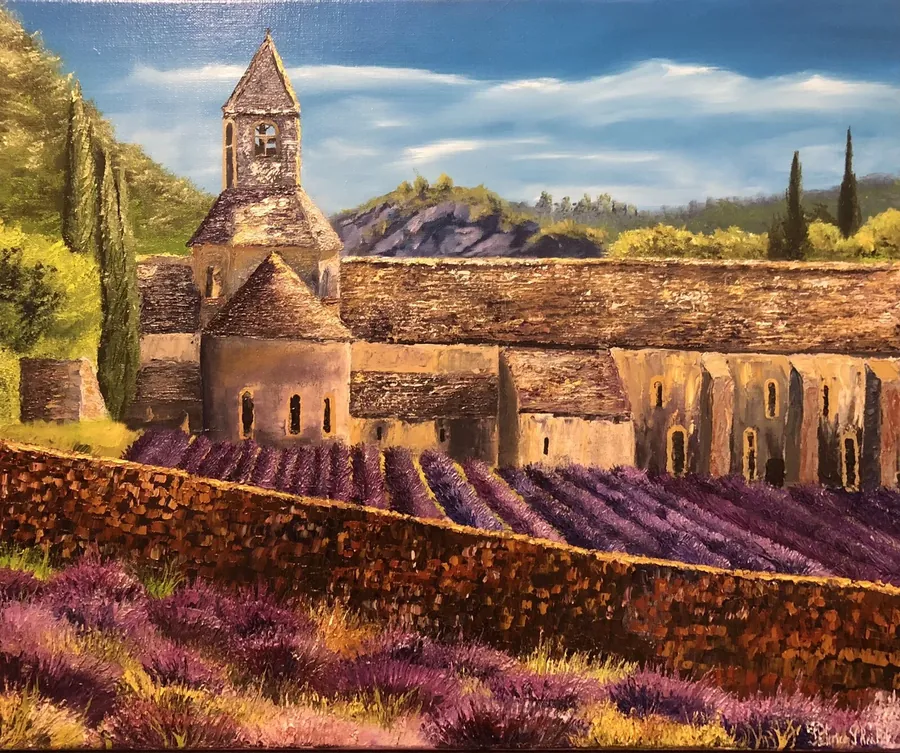 Peinture à l'huile de l'abbaye de Sénanque entourée de lavande, Provence, par Patrice Skrabal