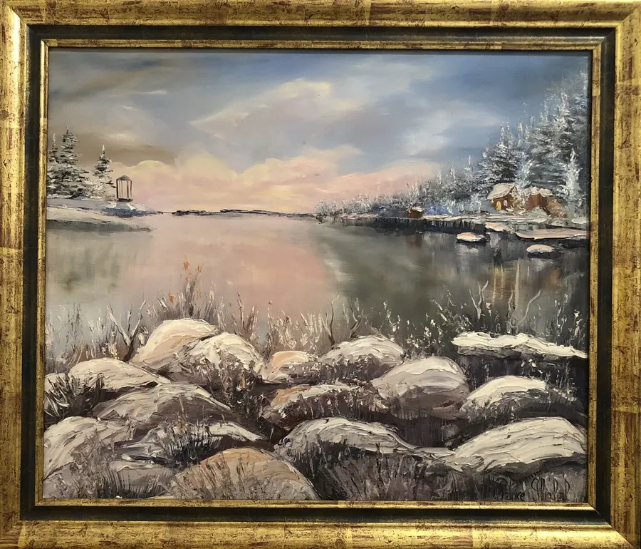 Peinture d'un paysage hivernal enneigé à Noël, par Patrice Skrabal