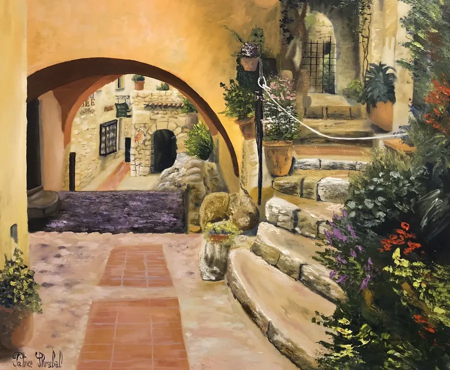 Peinture d'une ruelle pittoresque du village d'Èze en Provence, par Patrice Skrabal