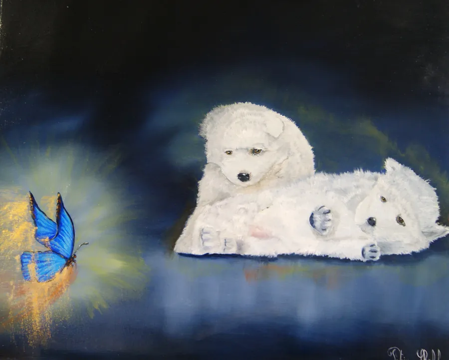Peinture animalière d'un chien spitz et d'un papillon, par Patrice Skrabal